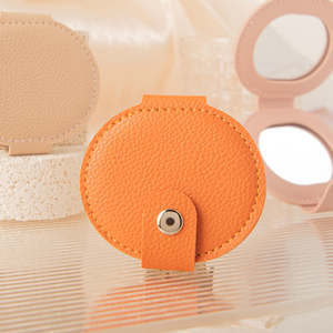 Oval Pu Leather <b>Compact</b> <b>Mirror</b> Double Sided Folding With Snap Button Closure Portable Pocket <b>Mirror</b> For Women Girls Wholesale - Product Image 2