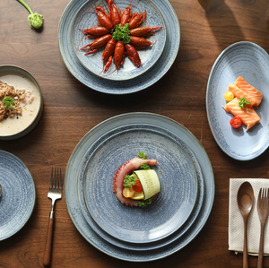 Service de table rétro en céramique bleue émaillée, assiettes à steak et à sushi de plusieurs tailles, bols à soupe, coffret cadeau pour hôtels et mariages, logo personnalisé, vente en gros - Product Image 1