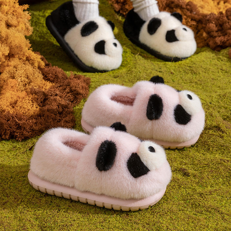 Womens Furry Slippers with EVA Outsole Winter Warm Plush-Lined Non-Slip Cushioning Cotton Slides Panda Slipper Indoor Home Use
