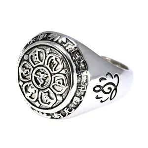 Real Solid 925 Sterling Silver Jewelry Vintage Buddha Six Words' Mantra Rings For Women And Men Bijouterie Fine