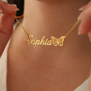 Gold <b>Necklace</b> 18K 316L Stainless Steel Butterfly Nameplate Personalized Signature <b>Custom</b> Letter <b>Name</b> Plate <b>Necklace</b> for Women - Product Image 2