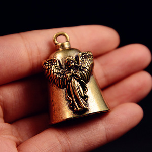 Antique <strong>Brass</strong> <strong>Bell</strong> Angel Charm Keychain - Engraved Metal Animal Ornament, Small Copper Craft Wholesale Decorative - Product Image 5