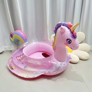 Children's Inflatable Unicorn Swim Ring With <b>Sequins</b> <b>Rainbow</b> Animal Design For Kids Swimming Pool Use - Product Image 2