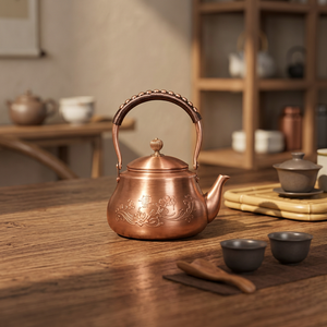 กาน้ำชาโลหะแบบจีนโบราณพร้อมฝาปิด ด้ามจับโลหะเคลือบทองแดง - Product Image 3