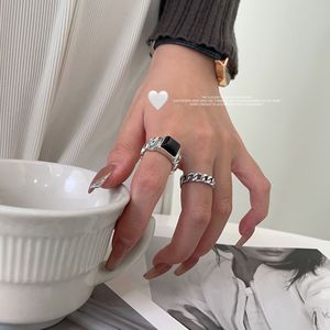<b>Silver</b> Ruitai S925 <b>Sterling</b> <b>Silver</b> Black Agate Tank Chain <b>Adjustable</b> <b>Ring</b> For Women Everyday Wear Geometric Design - Product Image 1