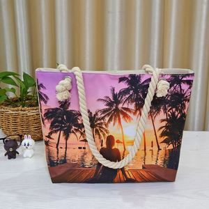 Sac de plage en toile grande capacité, fourre-tout portable, sac à bandoulière, sac de voyage d'été, sac de shopping avec fermeture éclair - Product Image 1