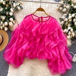 Nuova Collezione 2026: <span class=keywords><strong>Blusa</strong></span> Elegante da <span class=keywords><strong>Donna</strong></span> in Organza e Chiffon, Rosa <span class=keywords><strong>Fucsia</strong></span>, con Volant e Maniche Lunghe, Stile Casual e Raffinato - Product Image 1