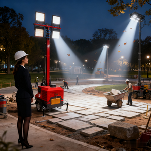 Mástil telescópico de 7,5 m 4 \ u002A1000 LED de halogenuros metálicos IP65 Remolque móvil Torre de luz solar Batería para 19 horas de funcionamiento Combustible diésel - Product Image 5