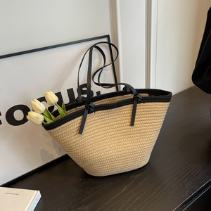 Woven Straw Crossbody Bag <b>Bucket</b> Type Khaki Off <b>White</b> Single Strap Portable Everyday Outfits Summer 2023 - Product Image 2
