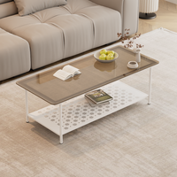 Table basse rectangulaire haut de gamme en verre trempé marron, style crème, double couche, avec rangement, pour petit appartement et salon
