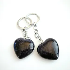 Natural Love Crystal Heart Stone Pendant Keychain Healing Gemstone Black Obsidian Key Chain Ring