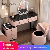 Coiffeuse intelligente en bois massif avec miroir en forme de nuage, chargement sans fil, style nordique de luxe léger, pour chambre à coucher, maquillage moderne