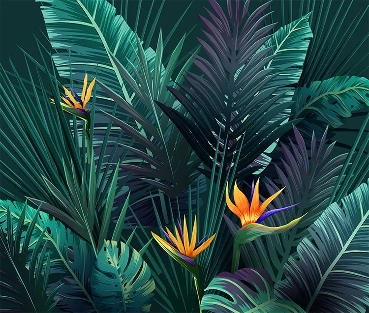 カスタム手描き熱帯壁紙緑熱帯雨林フラミンゴHD外壁壁画