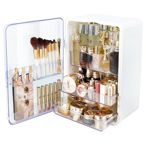 Desktop Makeup Organizer <b>Plastic</b> Foldable Cosmetic Storage Box With <b>Mirror</b> And Shelf For Skincare And Makeup Products - Product Image 5