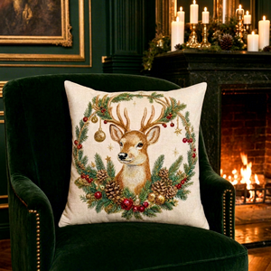 Housse de coussin décorative carrée de luxe en tissu tissé avec broderie de cerf de Noël, lavable, pour la décoration de la maison en période des fêtes - Product Image 1