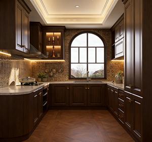 Ensemble d'armoires de cuisine vintage en bois foncé avec éclairage intégré et quincaillerie en laiton, fabrication chinoise, meubles de cuisine, conception gratuite en 48h - Product Image 5