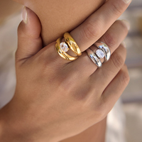 Cincin Oval Zirkonia Lapis Ganda J&D Jewelry, Lapisan Emas 18K, Baja Anti Karat, Tahan Air, Dapat Diatur, Perhiasan untuk Wanita