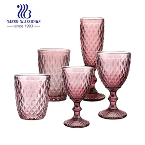 Machine Pressed Vintage embossed highball Water Glasses colorful drinking red purple glass cup tumbler for wedding Modern juice