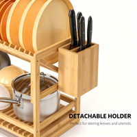 Étagère de rangement de cuisine à 2 niveaux en bambou grande capacité, gain de place, avec égouttoir et porte-fourchettes