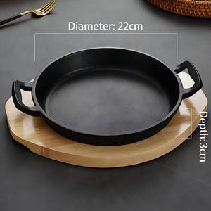 Plat de service rond en <span class=keywords><strong>fonte</strong></span> personnalisé avec base en bois, poignée double, poêle antiadhésive pour steak et fajitas, idéal pour les restaurants - Product Image 4