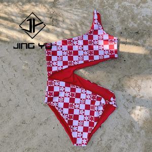 Traje de Baño de Una Pieza con Diseño de Fabricante, Estampado Hawaiano, Abertura Lateral, Un Hombro Descubierto, Tela Reciclada Personalizada - Product Image 1