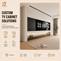 Système mural TV moderne de luxe à extrémités courbes, blanc mat et anthracite bicolore, avec foyer intégré, pour projet de villa