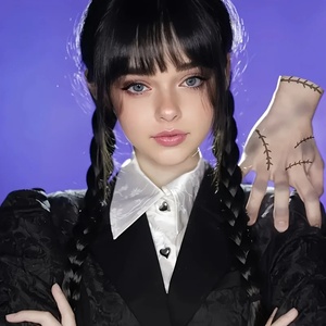 Peluca de cosplay de Halloween de la Familia <span class=keywords><strong>Addams</strong></span>, Wednesday, de fibra resistente al calor, negra, con doble trenza, para mujeres y niñas - Product Image 2