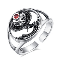 Anillo Abierto Ajustable de Plata de Ley S925 con Fénix Oxidado, Joyería Fina Espiritual Vintage con Circonita Cúbica Roja