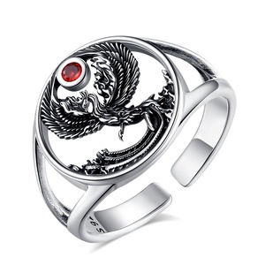 Bague ouverte réglable en argent sterling S925 oxydé, phénix, vintage, bijoux spirituels raffinés avec zircone cubique rouge - Product Image 1