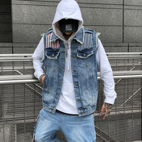 100% coton hommes Denim Jeans veste gilet à capuche Patchwork en détresse Denim gilet