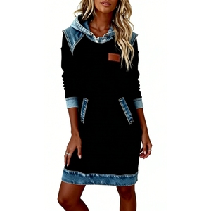 Robe sweat à capuche en jean pour femme - Tunique à manches longues avec poches plaquées - Robes tendance pour femme - Product Image 4