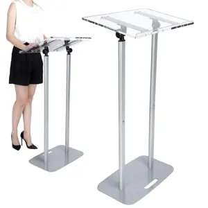 Acryl Podiumstand Duidelijk Podium Hoge Vloer Sprekend Podium Met Verstelbare Hoek Top Zilver Aluminium Body Base