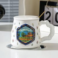 Tasse en céramique à motif floral, résistante aux hautes températures, grande capacité, tasse à café française avec cuillère, cadeau pratique