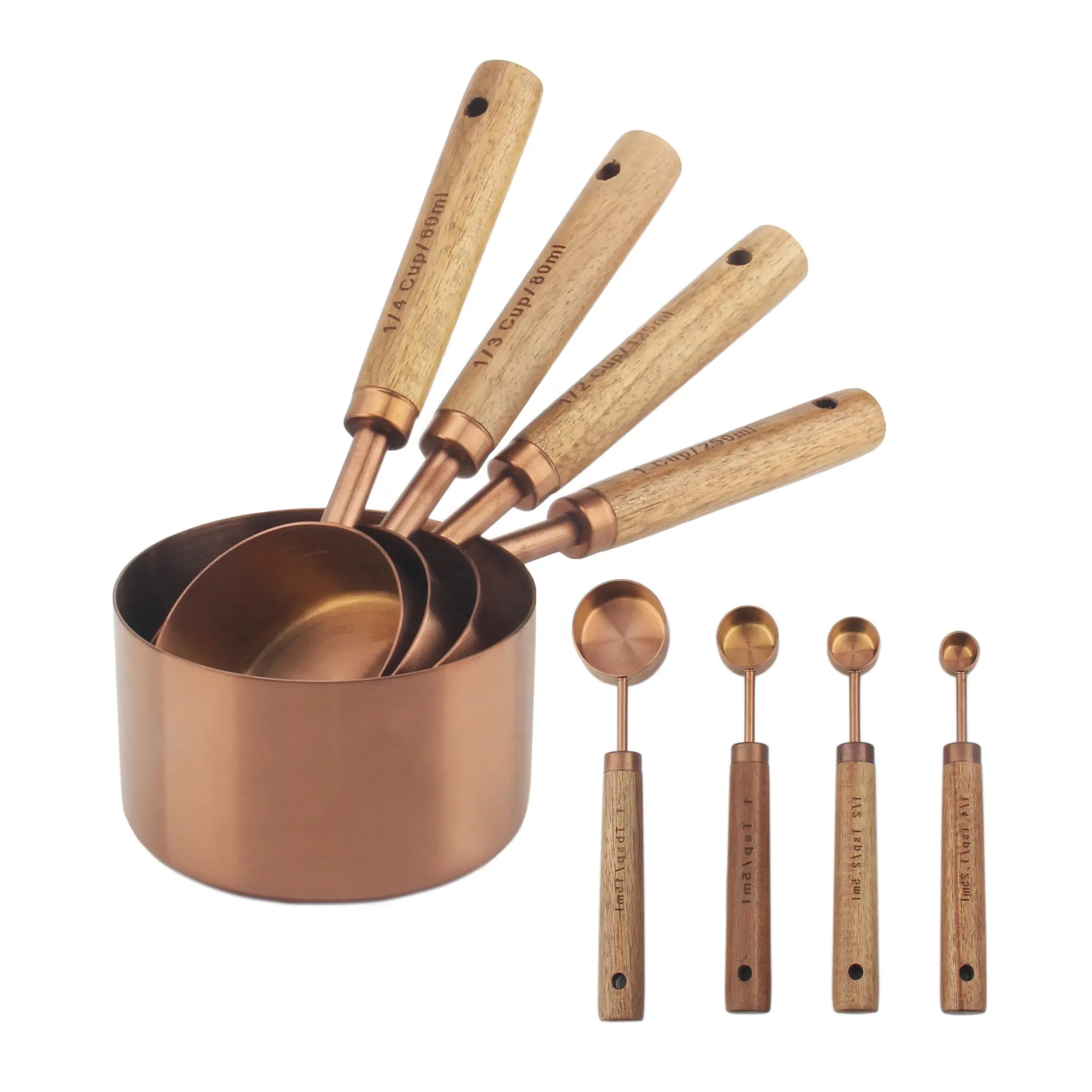 8 Pcs Stainless Steel Kitchen Accessories Rose Gold Copper Measuring Cups and Spoons Set with Wooden Handle