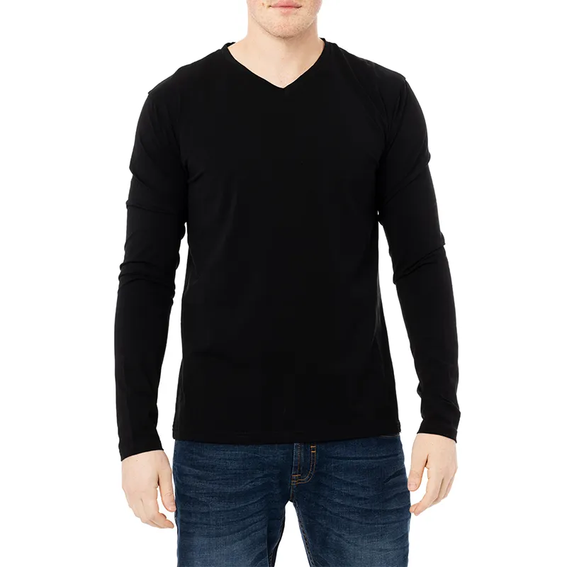 Custom Essentials Soft Touch V Neck Tee Shirt Solid Color Long Sleeve Men's T-shirts