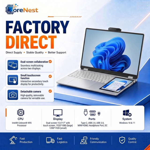 CoreNest New 2026 15.6 Inch Dual Screen Laptop Intel N95 16GB RAM with 7 Inch Touch Sub-Screen Business Laptop