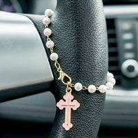 Charme de voiture Croix Chrétienne Perle Chapelet, Ornement de rétroviseur Croix en émail blanc, Accessoire de voiture Religieux