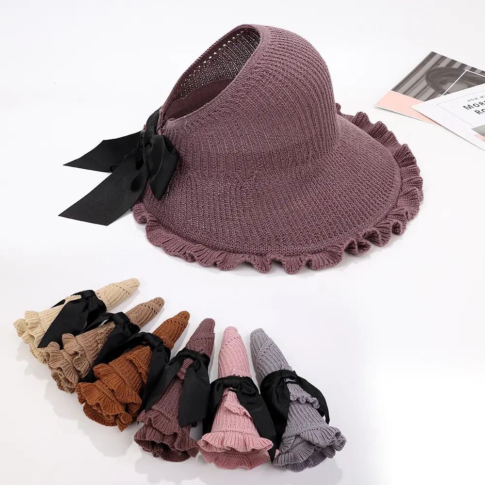 FF1484 Summer Women Golf Beach Visor Travel Foldable Roll-Up Sun Hat Ponytail Knitted Elastic Sun Visor Hat for Women