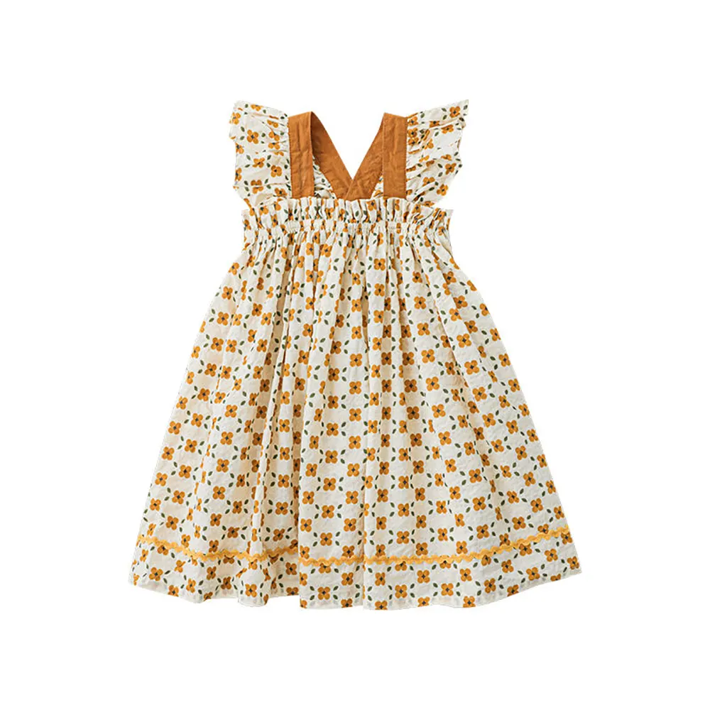 छोटी बच्चियों के लिए कस्टम लिनन कॉटन ड्रेस, फ्लोरल प्रिंटेड फ़्लटर स्लीव्स विंटेज ए-लाइन स्टाइल मीठे बच्चों के कपड़े