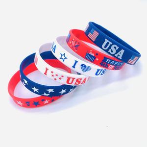 Grenzüberschreitende Lieferung USA Amerikanische Flagge Rot Weiß Blau CMYK Bedrucktes Stern-Silikonarmband für Unabhängigkeitstag-Feier - Product Image 6