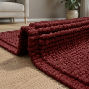 Tapis de salon rectangulaire moderne en laine faite à la main, à boucles longues et pompons, absorbant l'eau - Product Image 4