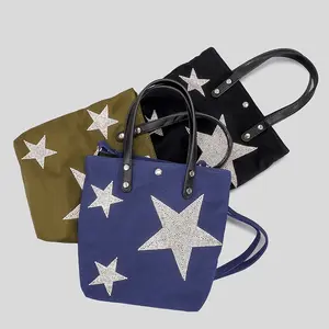 Tas tangan desainer tas Tote kanvas Merek Terkenal tas bintang berlian berkilau katun tas Tote kanvas dengan pegangan kulit