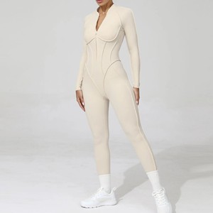 Long Sleeves Quick-Dry Four-Way Stretch Eco-Friendly Fitness One-Piece Patchwork Halter Neck V-Neck Yoga <strong>Jumpsuit</strong> - Product Image 2