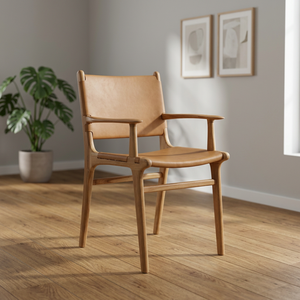Silla de Comedor Moderna de Madera de Teca Sólida con Cuero Genuino Marrón Natural, Certificación FLEGT, para Apartamento, Hogar, Bar, Almacén - Product Image 2