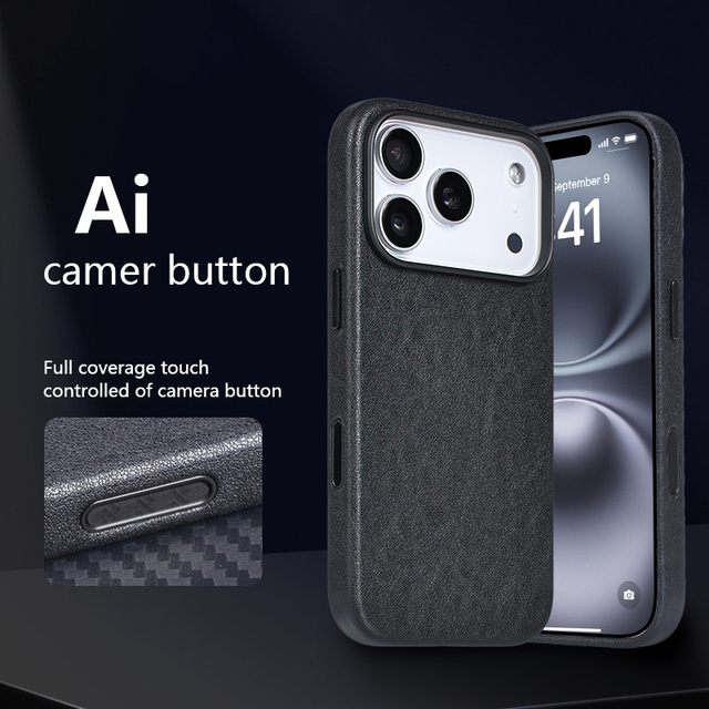 Hot Selling Magnetic Genuine Leather Phone Case for iPhone 16 17 Pro Max Samsung AI Button Protective Cover Customized