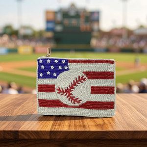 Pochette zippée carrée en coton faite à la main avec perles et drapeau de baseball, mini sac à monnaie brodé pour cadeau sportif ou décoration - Product Image 2