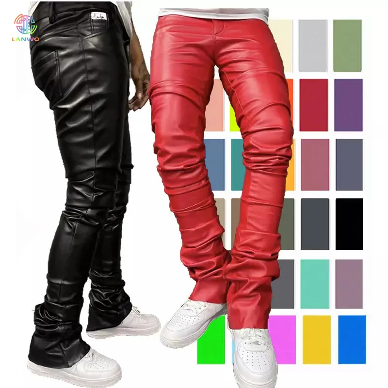 Slim Fit Elastic Fashion Pu Leather Stack Pants Trousers For Men Motorcycle Thin Streetwear Stacked Flare Faux Leather Pants