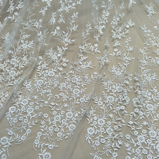 Ivory Wedding Lace Fabric Floral Embroidered Mesh Lace Fabric Deluxe Bridal Lace Fabric Wholesale