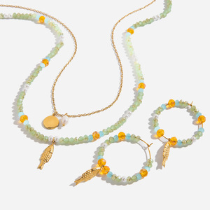 Ocean Theme Gold Stainless Steel Pearl Glass <b>Bead</b> Fish Pendant Necklace <b>Set</b> - Product Image 1