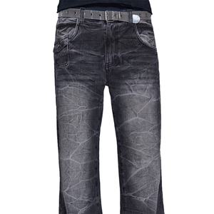 Vaqueros negros de moda para hombre, corte slim, acampanados, desgastados y con pliegues pronunciados - Product Image 4